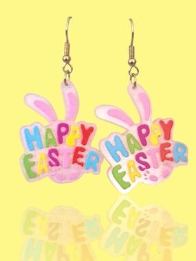 Happy Easter Pink Bunny Women Earrings - Cute Pastel Dangle Drop